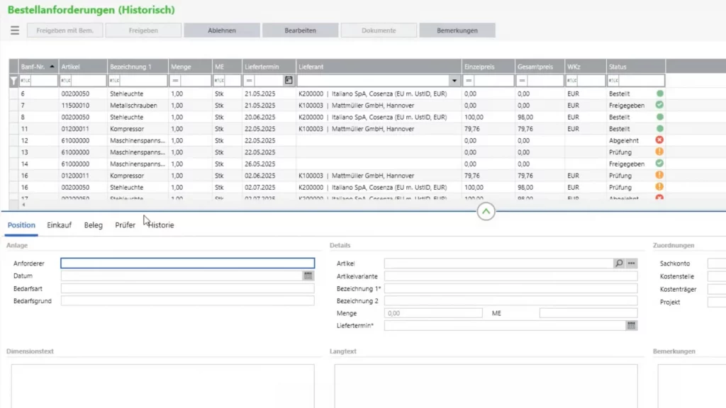 softfolio e-BANF Historie und Status Screenshot