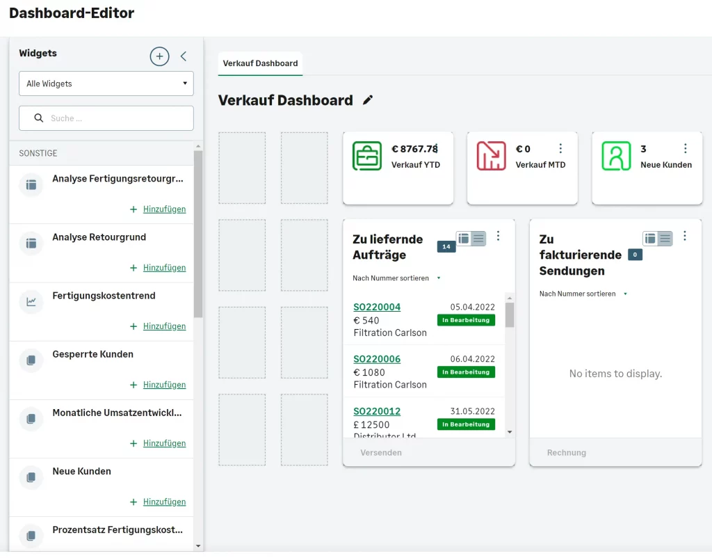 Die Dashboards im Cloud ERP Sage SDMO sind in Form eines Grids flexibel und können individuell erstellt werden.