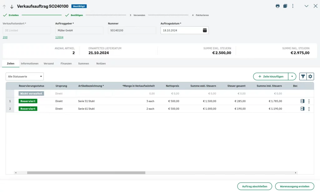 Die Übersicht über die Verkaufsaufträge in Sage SDMO zeigt in einem sehr sauberen Design eine Übersicht über Preise, Ursprung der Artikel und Nettopreise