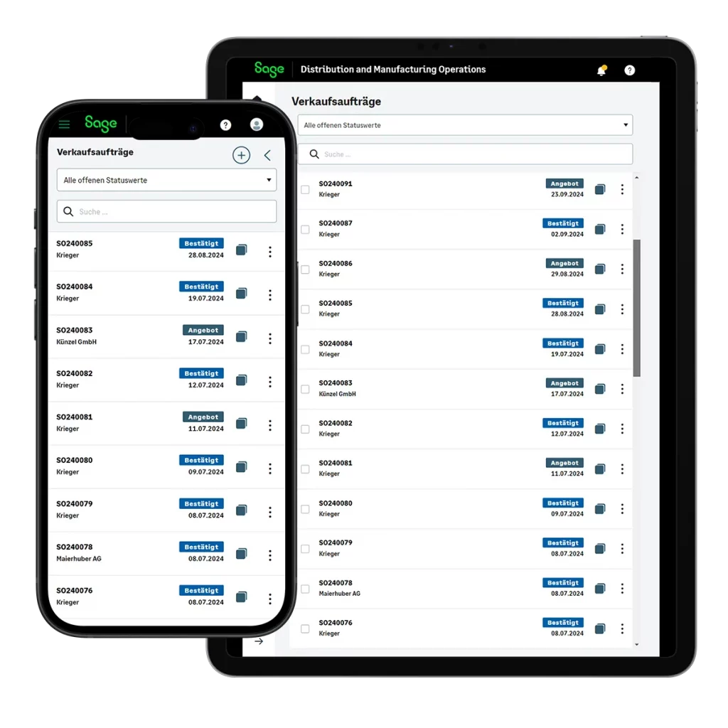 Die grafische Übersicht über die Verkaufsaufträge in Sage SDMO, auf dem Handy und Tablet mobil einsehbar, dank Cloud-Technologie