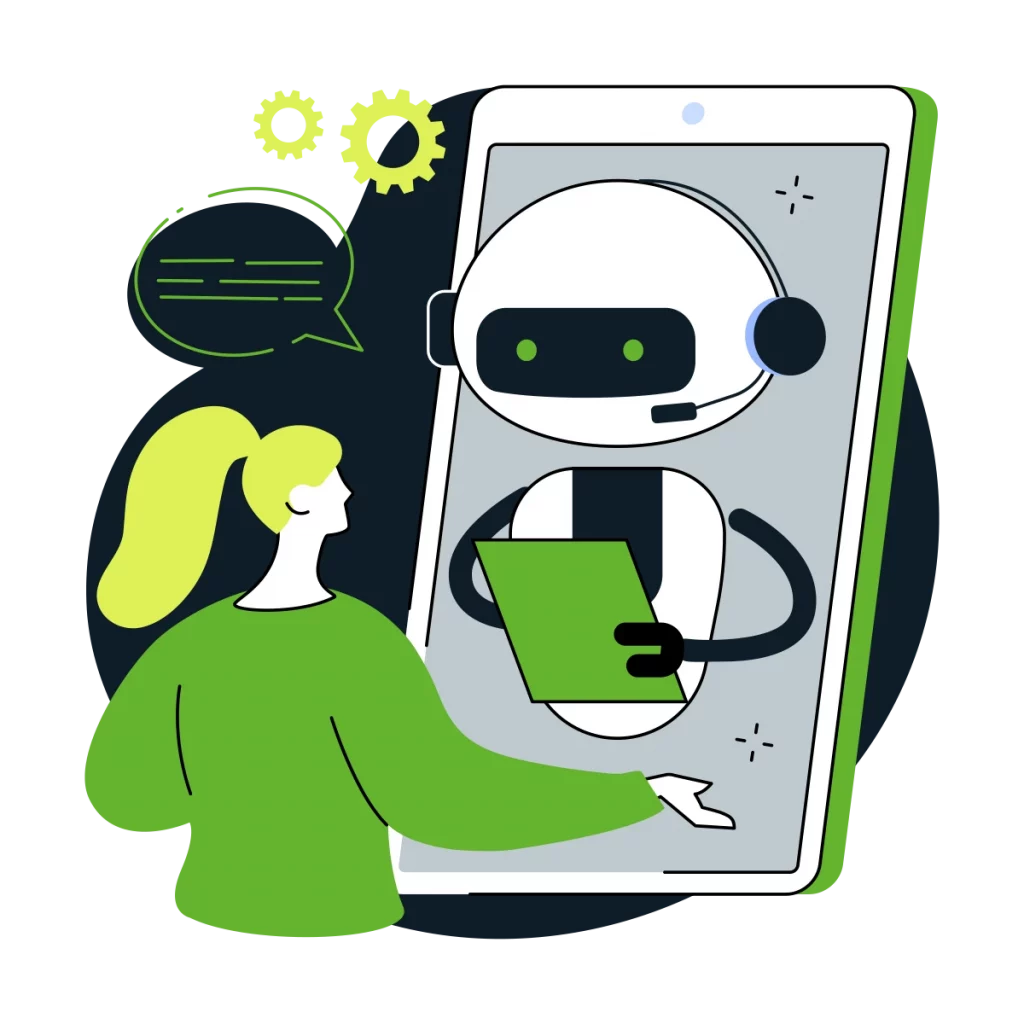 Das Bild zeigt im Illsutrationsstil eine Frau, die mit einem Chatbot redet. Chatbots sind eine einfache aber nützliche Maßnahme für die Digitalisierung in Unternehmen.
