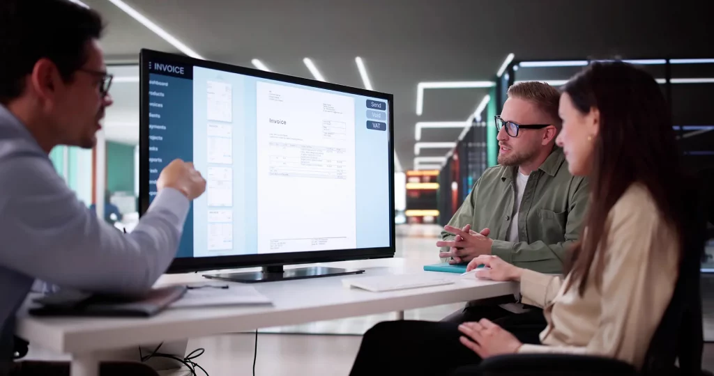 Eine Gruppe von Mitarbeitern, die eine e-Rechnung besprechen