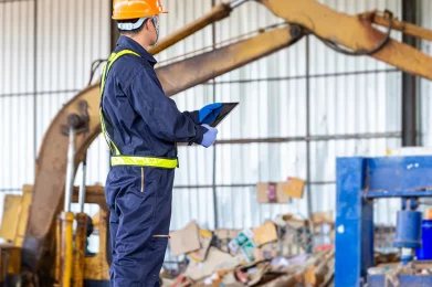 Mitarbeiter an einer Papierpresse in einem Recyclingbetrieb