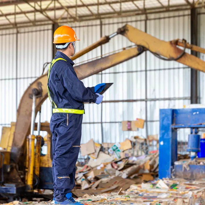 Mitarbeiter an einer Papierpresse in einem Recyclingbetrieb