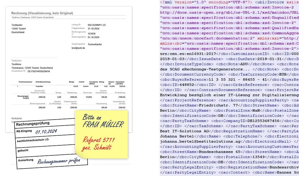 Gegenüberstellung einer PDF-Rechnung und einer e-Rechnung bzw. XML-Rechnung, die aus Code besteht.