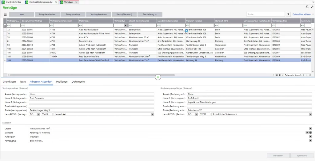 Darstellung der Vertragsstammdaten in der Containerdienst Software Euro Green Line